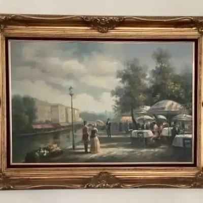 European Riverside Café Scene Oil Print