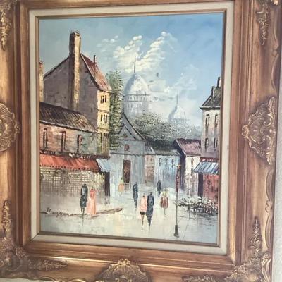 Paris Street Scene Oil Painting by Thompson – Gilt Ornate Frame
