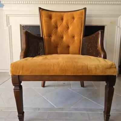 Cane Back Chairw/Tufted Yellow Velvet Upholstery-1970's