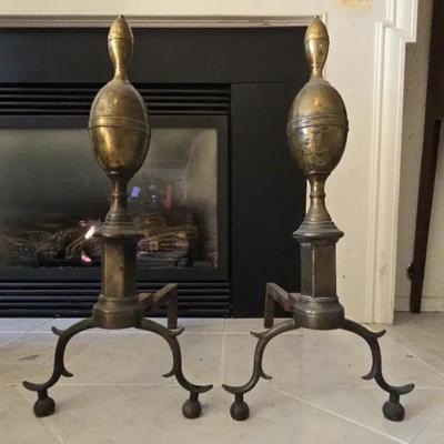 American Federal Brass Andirons w/ Double Lemon Top