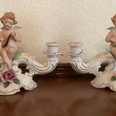 Pair of Capodimonte Porcelain Cherub Double Candleholders