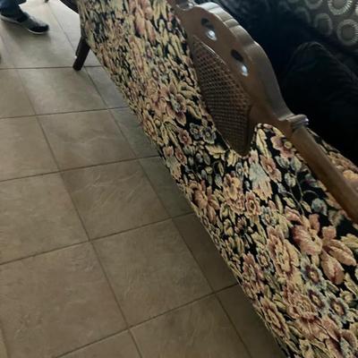 Clean perfect tapestry sofa with Walnut and wicker trim. 