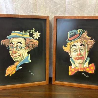 Signed Happy Face Clown Sad Face Clown Wall Art Pair 
