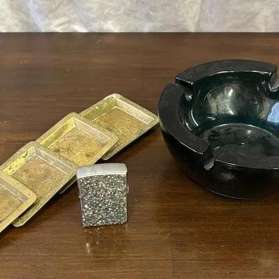 6”D Glass Ashtray, Glitter Zippo-Style Lighter, & Set of Brass Stackable Chinese Dipping Trays