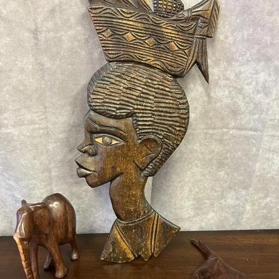 Hand Carved Wooden Animal Statuettes & Haitian Wooden Wall Art Set