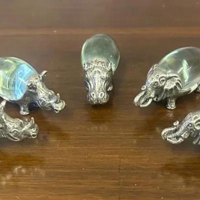 Elephants, Rhinos, & Hippo 3” Glass & Metal Paperweights 