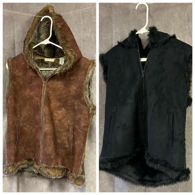 Pair Of Lord & Taylor Faux Suede & Faux Fur Winter Zipper Down Vests 