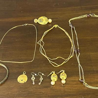 Costume Jewelry, Assorted Gold Colored Pins, Earrings, Necklaces, & Bracelet 