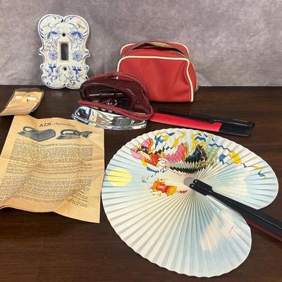 Vintage Portable Clothes Iron W/ Case, Eroica Comb W/ Case, Delft Switch Plate & Chinese Hand Fan