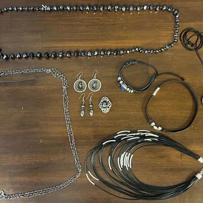 Dark Themed Costume Jewelry, 4 Necklaces 2 Pairs Of Earrings, Pin, Choker, & Bracelet 