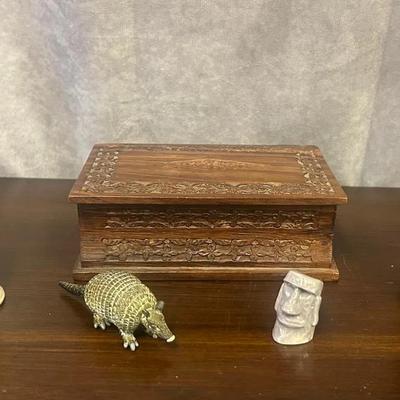 Argentinian Carved Wooden Bust, Ceramic Bird, Mini Ceramic Eastern Island Head, & Armadillo Toy