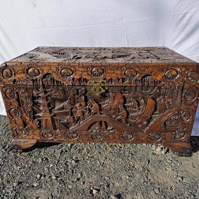 Vintage East Asian Village Scene High Relief Wooden Blanket Chest