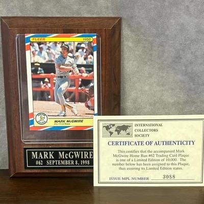 1998 Mark McGuire Baseball Card On Wooden Plaque & Certificate Of Authentication 