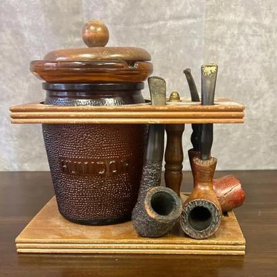Vintage Dunn Rite Wooden Pipe Set, Glass Humidor w/ Lid & Philip Morris Glass Ashtray 