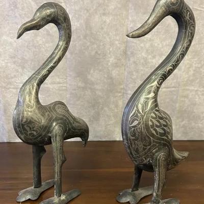 16 1/4” Tall Metal Bird Sculpture Pair 