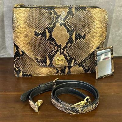Eric Javits Snakeskin Pattern Leather Purse, With Strap & Mini Mirror