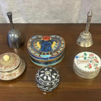 Assorted Lidded Decorative Trinket Boxes & 2 Bells