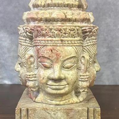 Heavy Stone Hand-Carved Four-Faced Asian Deity Statue