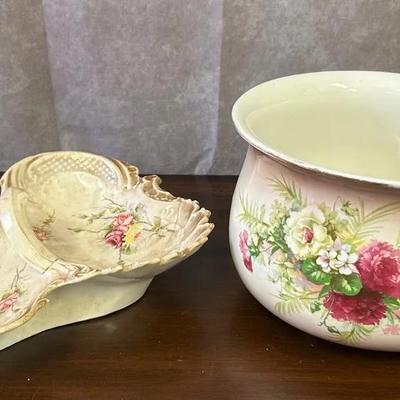 Porcelain Floral Chamber Pot & Porcelain German Oyster Bowl