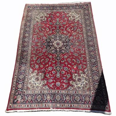 Vintage Persian Kashan Hand-Knotted Red & Blue Wool Rug