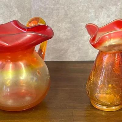 Vintage Amberina Hand Blown Glass Pitchers Pair