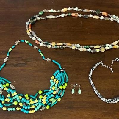 Costume Jewelry, 3 Beaded Necklaces & Pair Of Faux Stone Earrings 