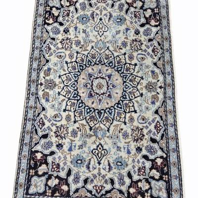 Vintage Persian Nain Hand-Knotted Blue & Cream Wool Rug