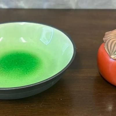 Kotobuki Ceramic Persimmon Tea Container & 6”D Decorative Bowl 
