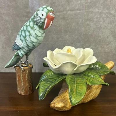 Vintage Hand Painted Wooden Parrot & Ceramic Magnolia Flower Sculpture