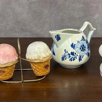 Vintage Bome China Salt&Pepper Shakers, Delft Pitcher, Piggy Bank, & Belleck Ireland Pitcher