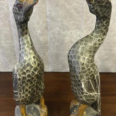 20” Tall Hand-Carved, Hand-Painted Wooden Bird Statue Pair