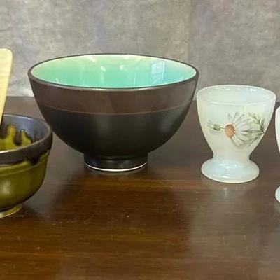 Pair Of Arcopal Milk Glass Egg Cups, Ceramic Rice Bowl, & Ceramic Salt Bowl With Spoon