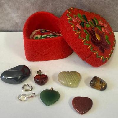 Assorted Heart Shaped Trinkets & Polished Rocks In Small Heart Shaped Box