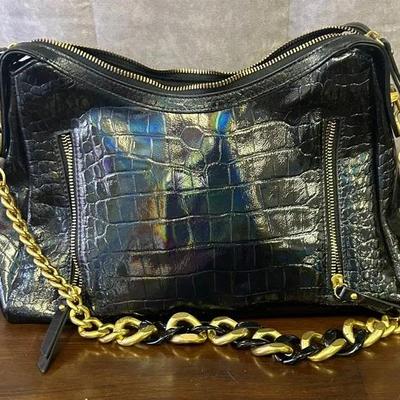 Sharif Black Crocodile Pattern Medium Leather Bag With Chain Style Strap