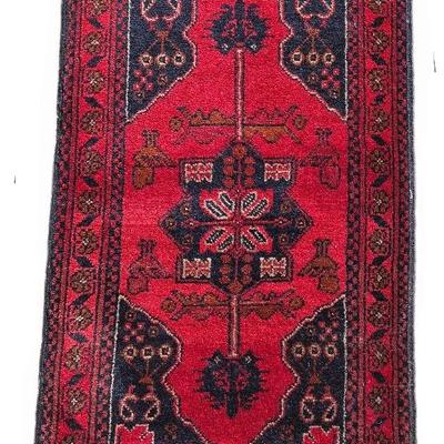 Oriental Geometric Hand-Knotted Red & Blue Wool Rug