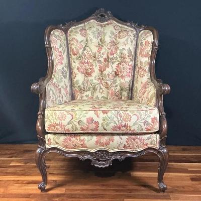 Vintage Ornate Louis XV Upholstered Wingback Chair I