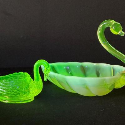 Pair Of Vintage Uranium Glass Swans 
