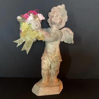 Resin Cherub Statue With Glass Bowl
