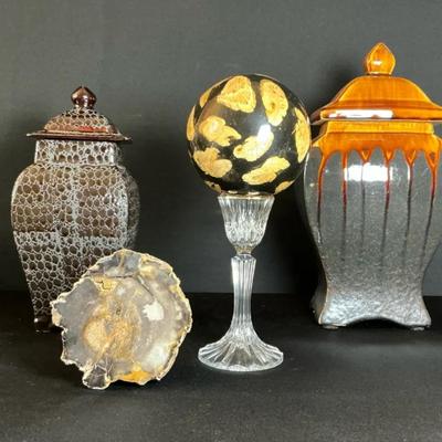 Petrified Wood & Vintage Ceramic Jars With Lids & More 