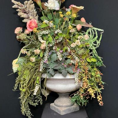 Large Floral Arrangement In Heavy Glaze Coated Urn 