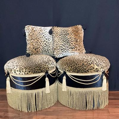 Leopard Print Round Ottomans With Pillows