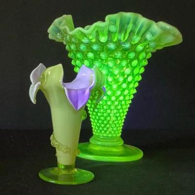 Pair Of Vintage Fenton Vaseline Uranium Glass Vases 