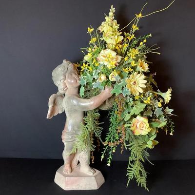 Resin Cherub Statue With Floral Arrangement