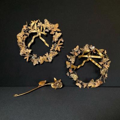 Two Brass Wreaths And A Gilded Rose Candle Snuffer