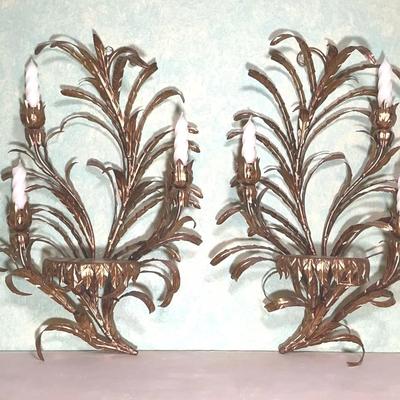 Vintage Golden Toned Gilt Wheat Sheaf Wall Sconces 