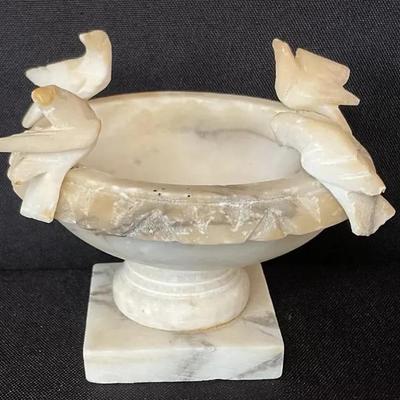 Vintage Italian Alabaster Bird Bath With Birds