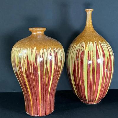 Pair Of Modern Drip Glazed Ceramic Vases 