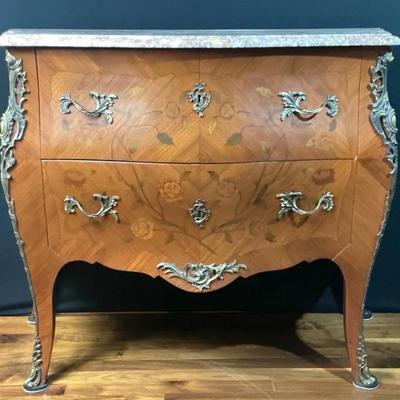 Vintage French Louis XV Inlaid Marble Top Bombe Chest