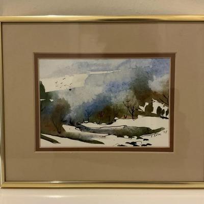 Framed Watercolor Winter Landscape