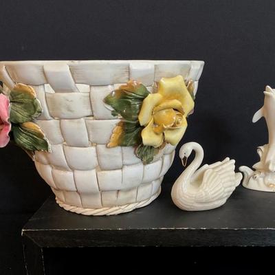 Ceramic Basket With Swan And Dolphin